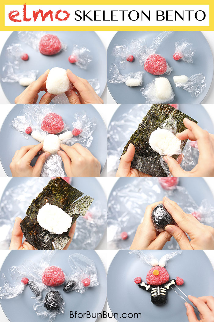 Who doesn't love Elmo? Here's a tutorial on how to make a Glow in the Dark Elmo lunchbox, using rice and nori! | BforBunBun.com #bento #elmo #halloweenfood #halloween #foodart