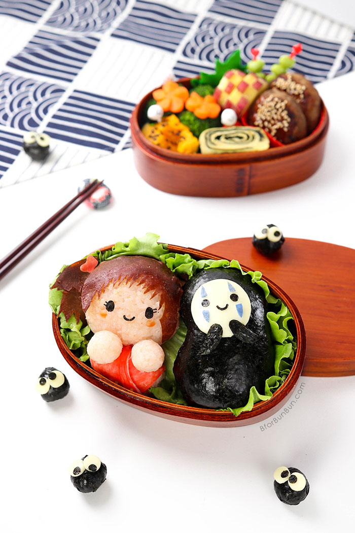 Chihiro, No-Face, Soot Sprites from Spirited Away Bento. Full tutorial on bforbunbun.com. 
