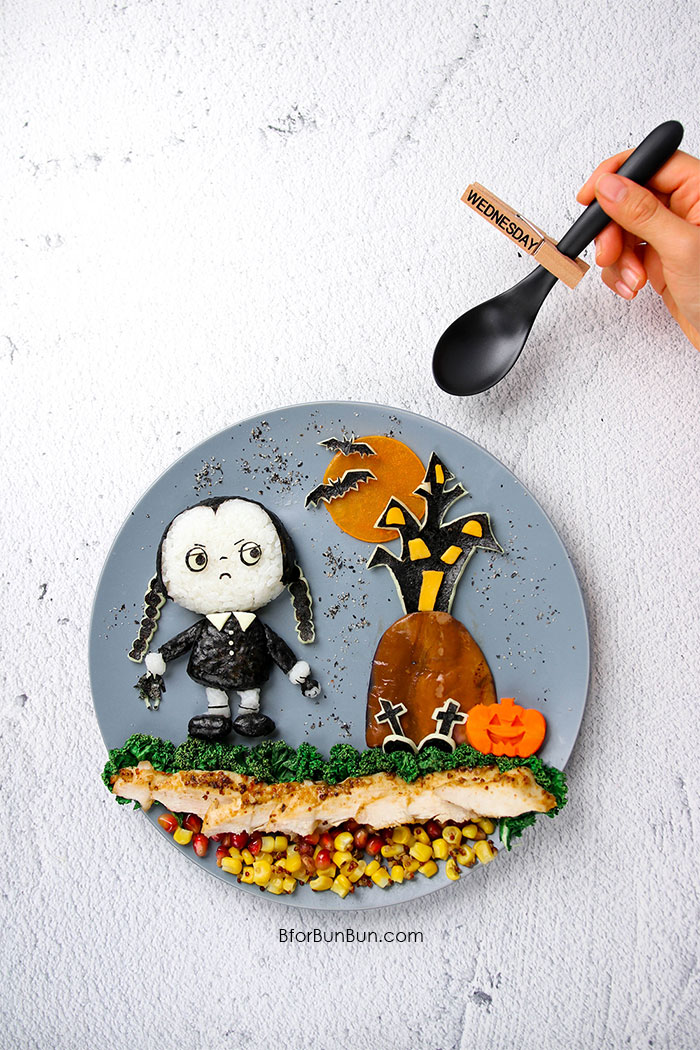 Monochromatic Wednesday Addams lunch with a colorful Maple Dijon Chicken salad! BforBunBun.com #bento #foodart