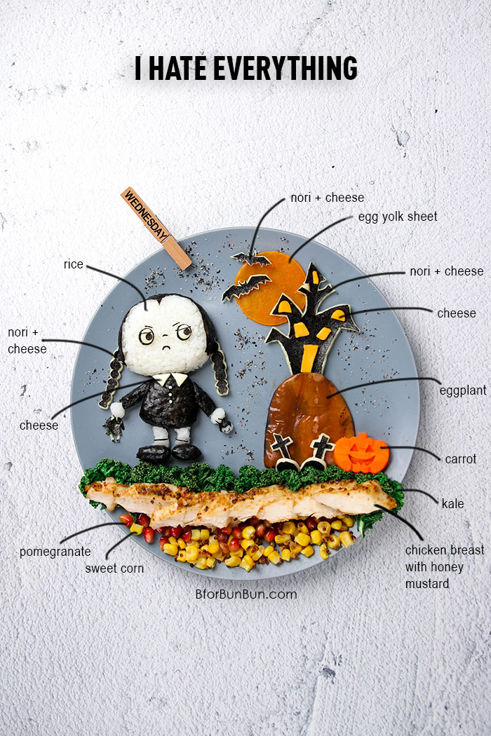 Don't you just love Wednesday Addams with her pallid skin, dark eye circles, and deadpan expression? Make her into LUNCH! BforBunBun.com